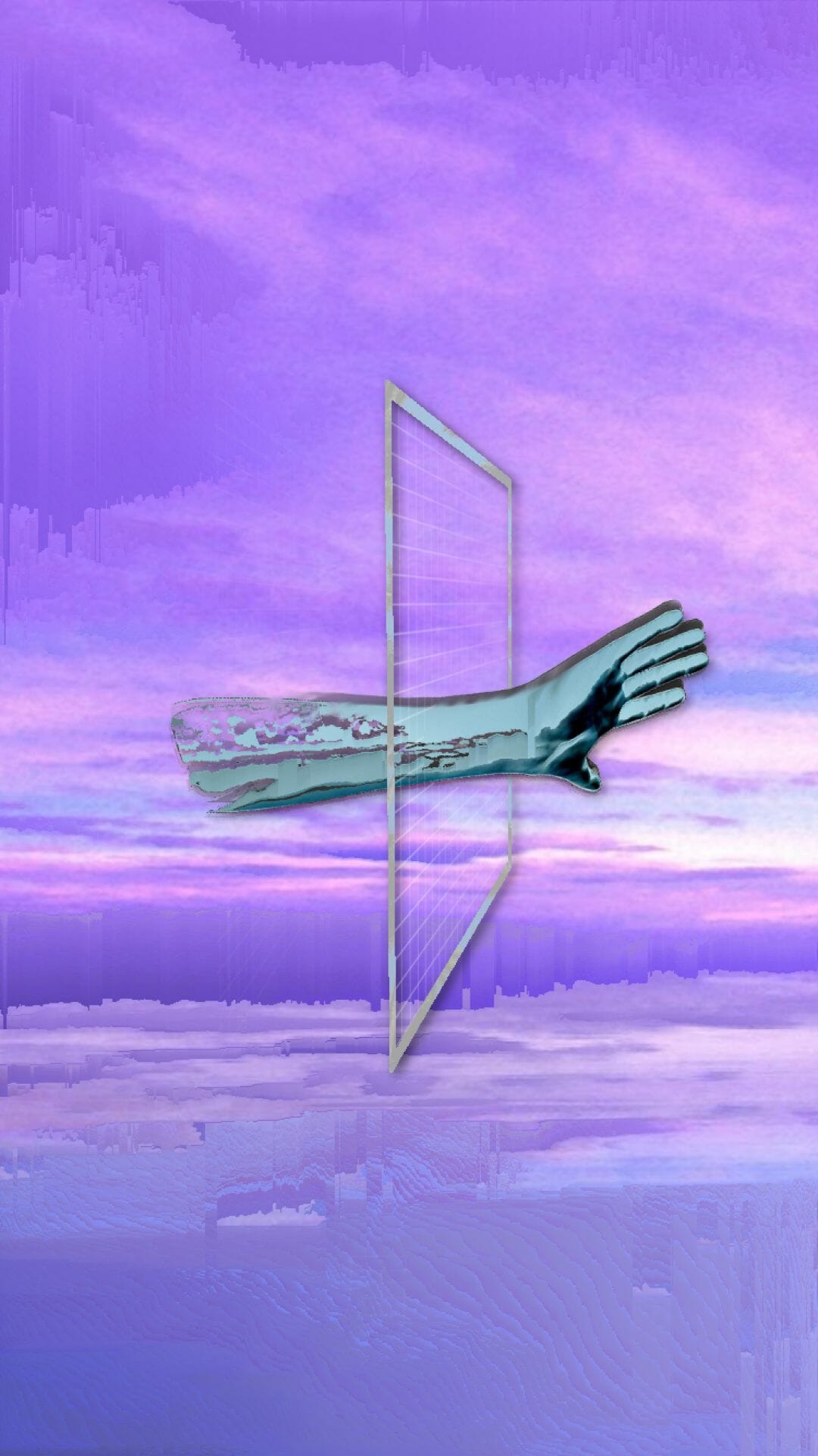A graphic of a futuristic arm with a glove on it, in front of a purple and blue background. - Vaporwave