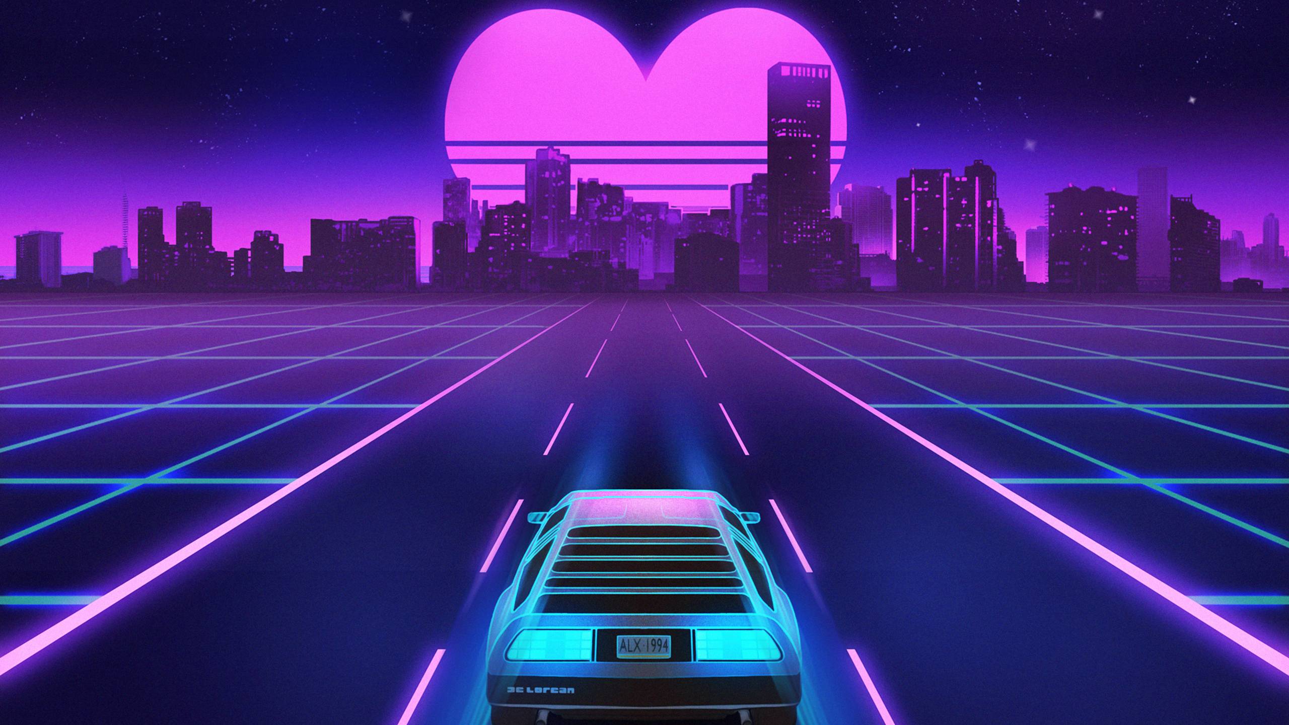 1980s Delorean Vaporwave Heart Shape Sunset 1440P Resolution HD 4k Wallpaper, Image, Background, Photo and Picture