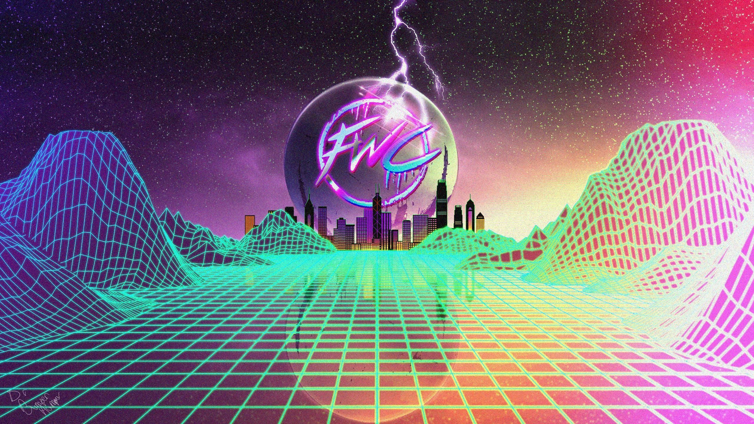 A neon colored city with lightning in the background - Vaporwave, 2560x1440