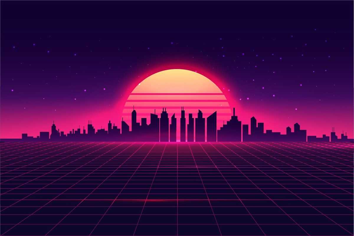 A city skyline with a purple and pink sunset - Vaporwave, 90s