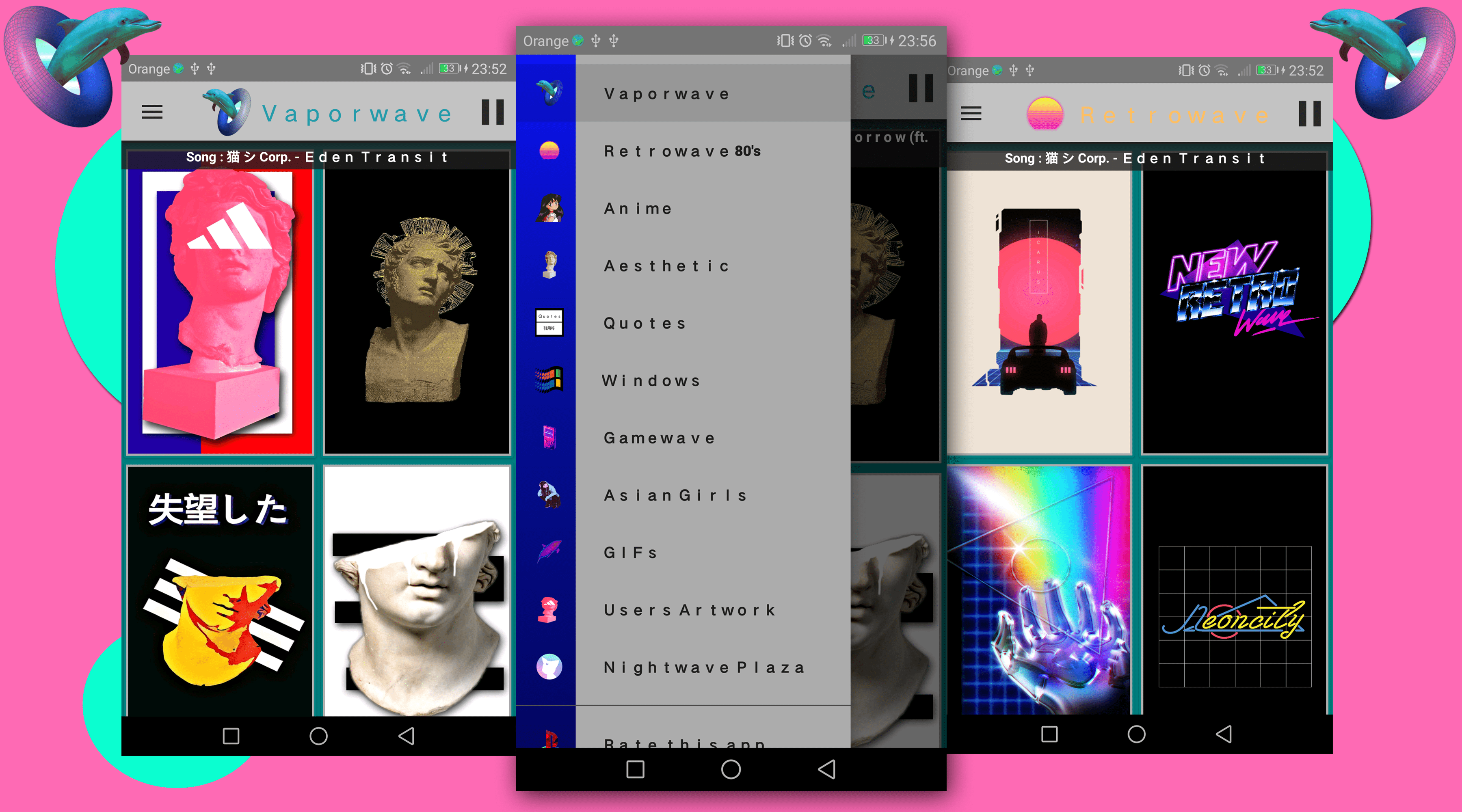 A smartphone displaying various images on its screen - Vaporwave