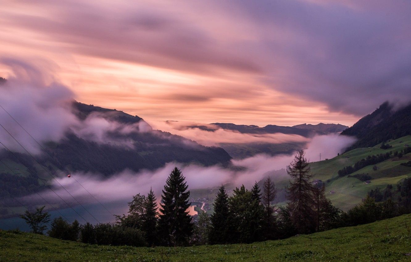 Wallpaper clouds, landscape, sunset, mountains, nature, fog, Switzerland, valley, meadows image for desktop, section пейзажи