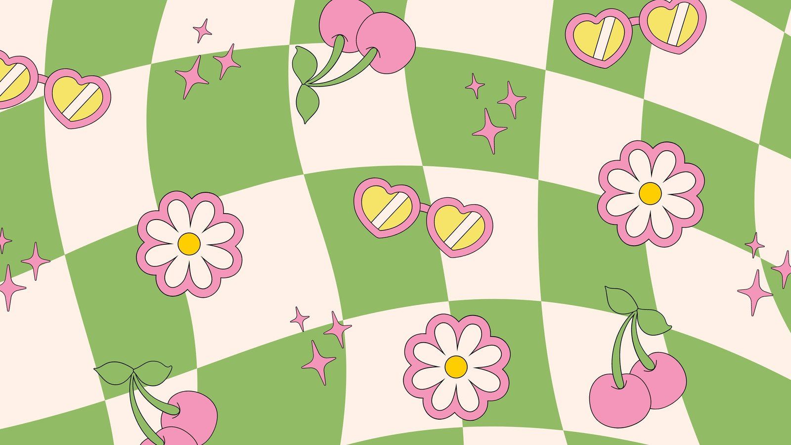 A green and pink pattern of flowers, hearts, and cherries. - Desktop, 70s, computer, happy, couple, pattern