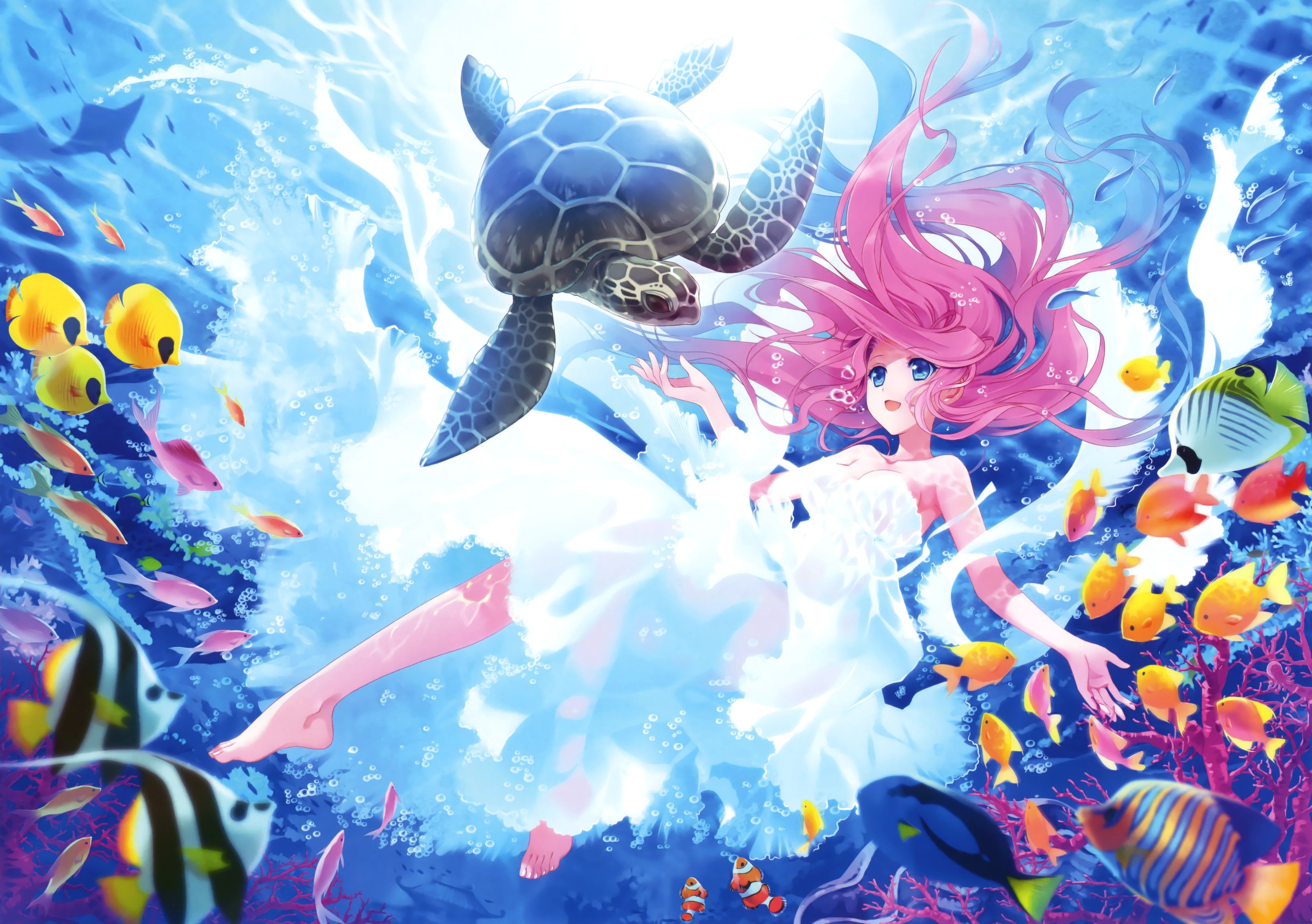 A girl with pink hair is swimming in the ocean - Turtle, underwater