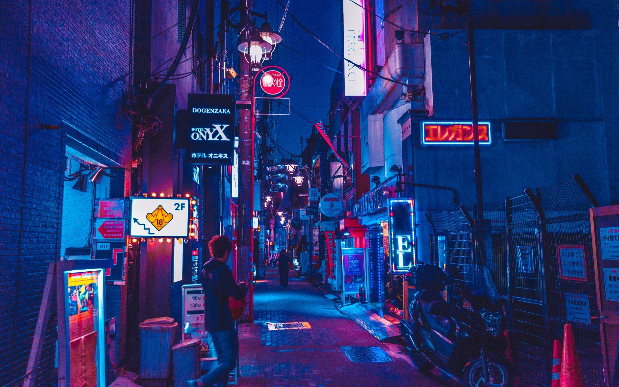 A person walking down a dark alleyway with neon lights - Tokyo, night, Japanese, Japan