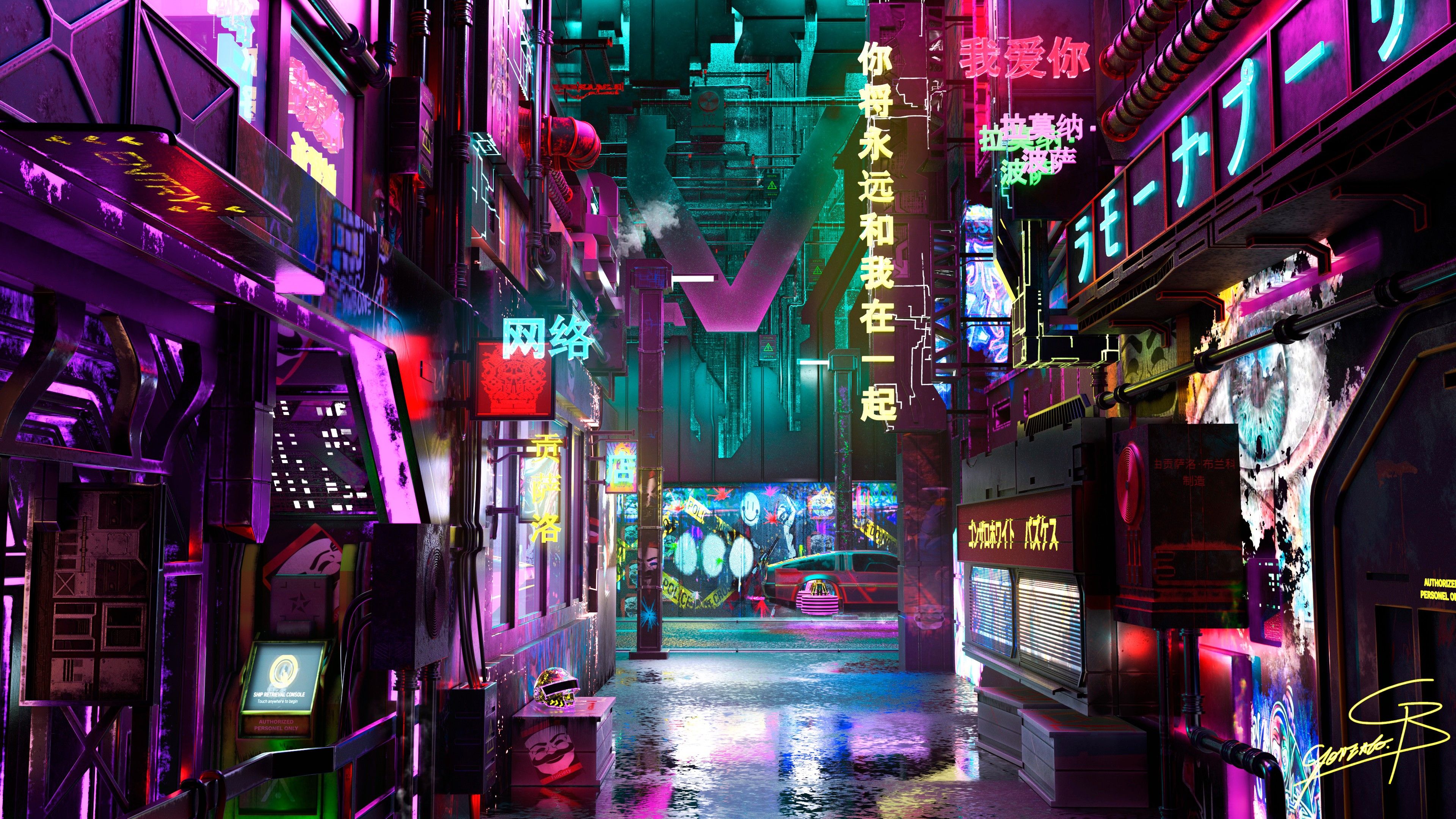 A dark alley with neon lights and signs - Tokyo, Cyberpunk