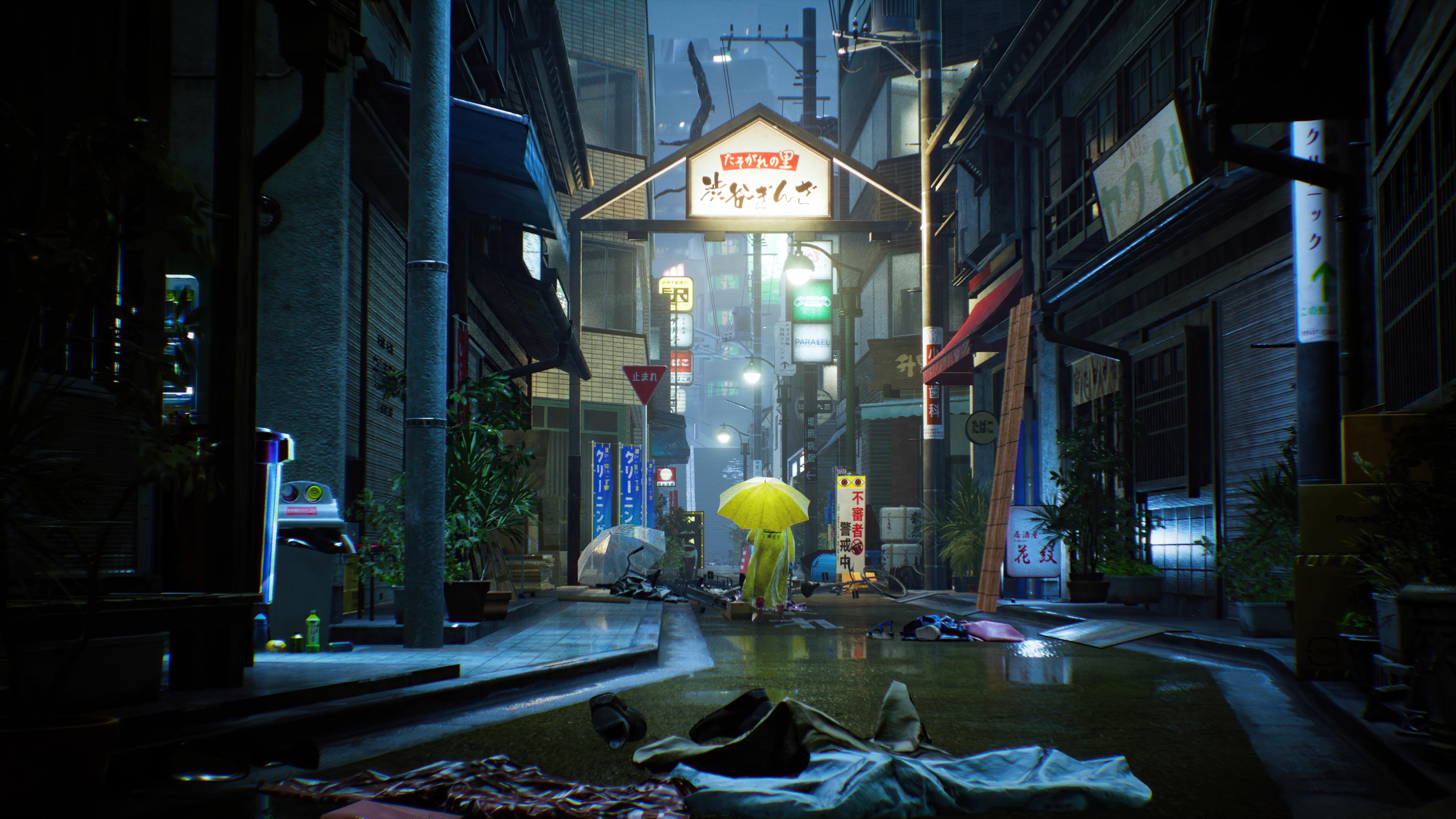 A person walking down an alley with trash on the ground - Tokyo