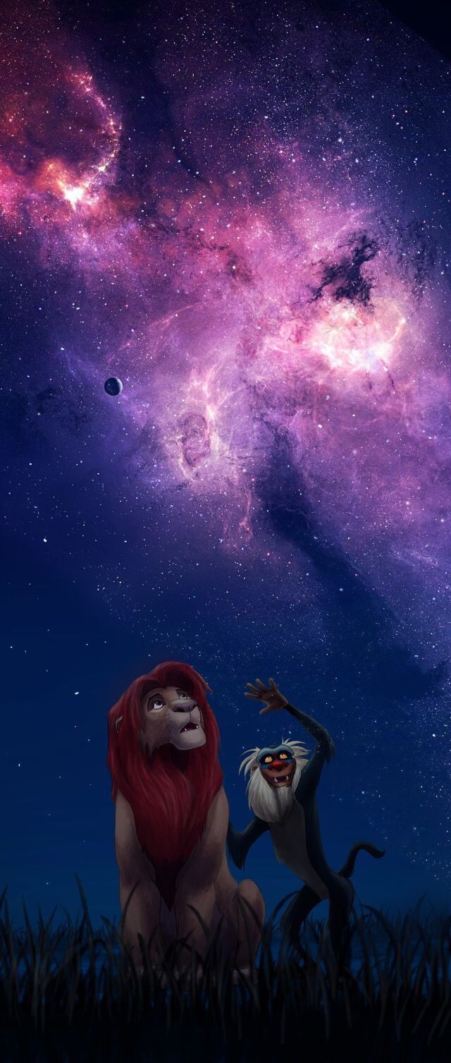 The lion and simba are standing in front of a starry sky - The Lion King
