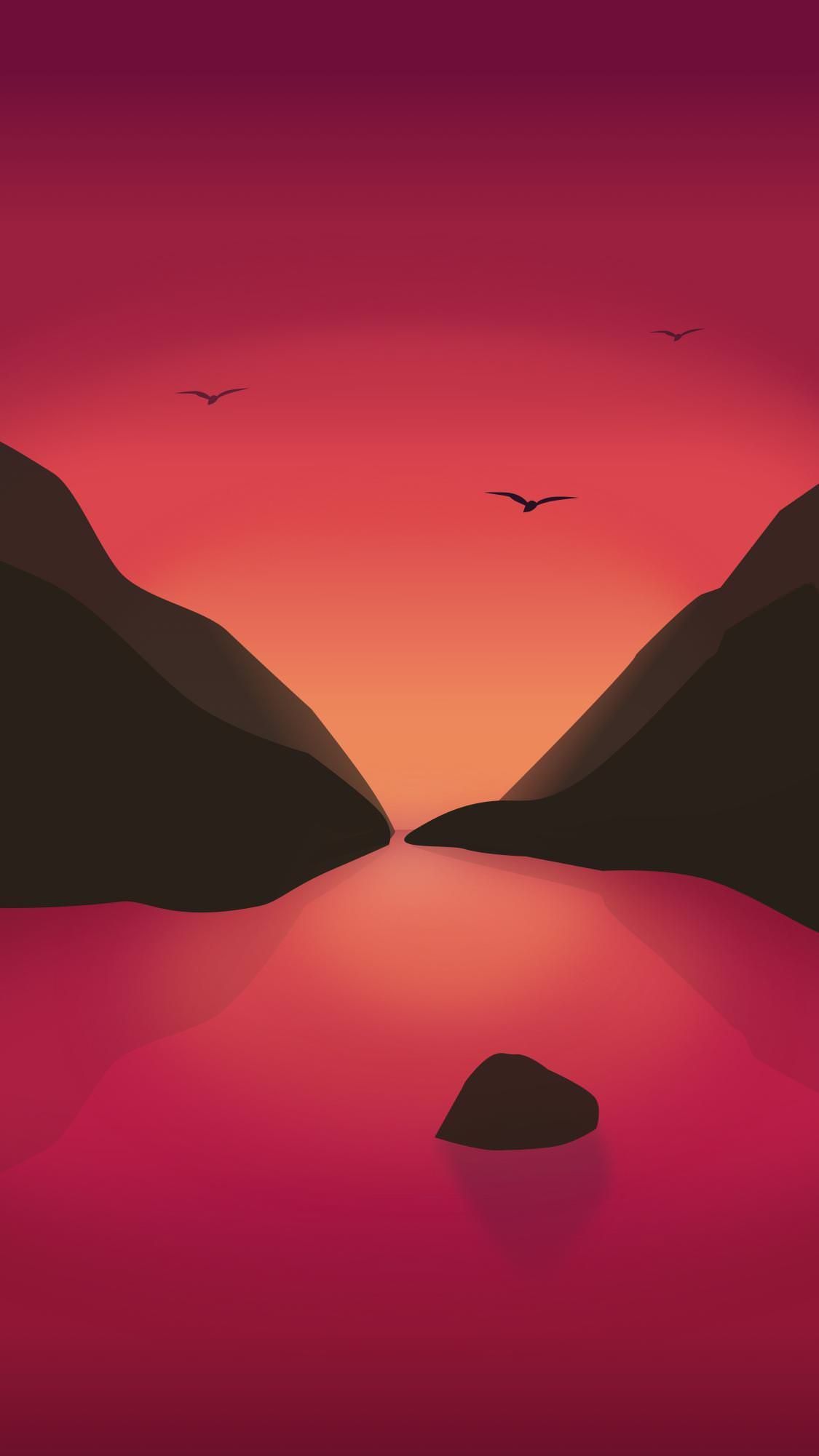 A sunset scene with mountains and water - Crimson