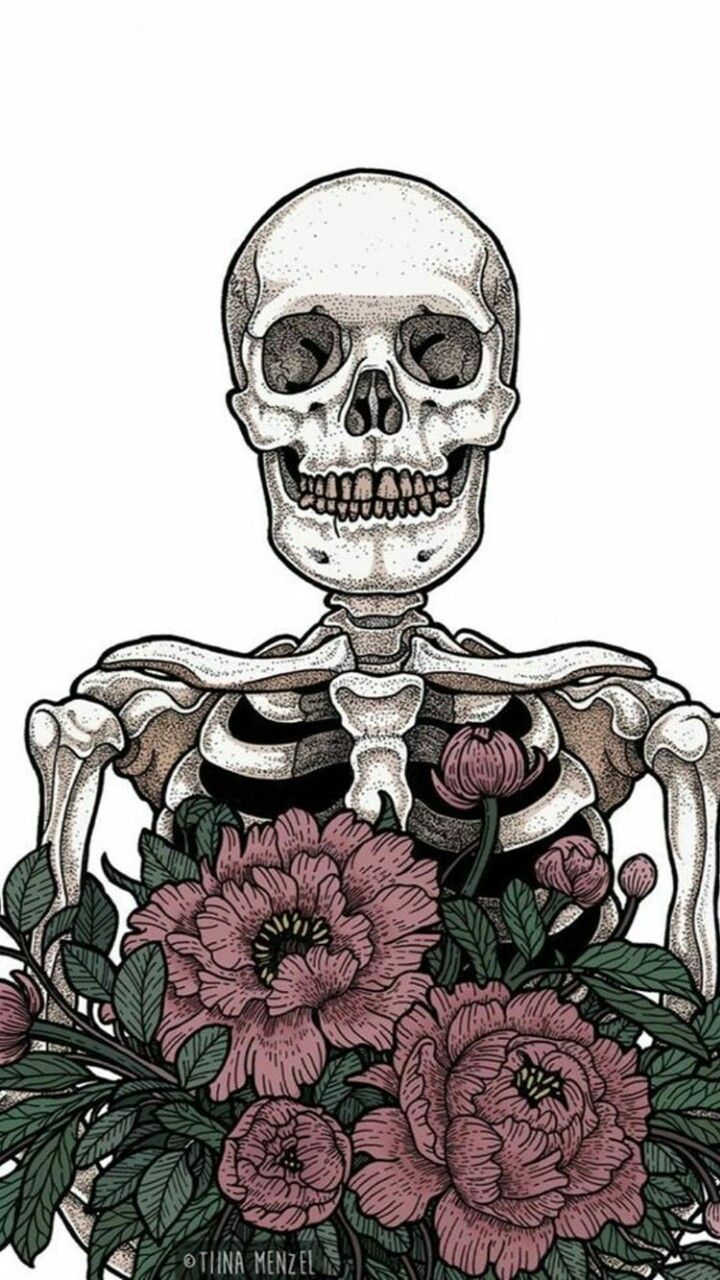 Skeleton holding pink flowers, white background, phone wallpaper, drawing - Anatomy