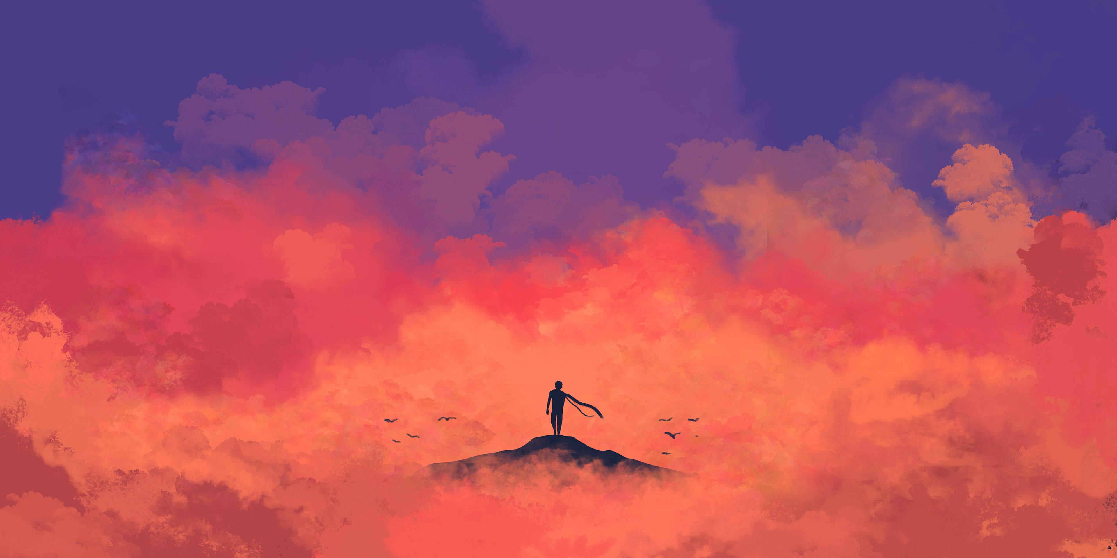 A person standing on a hill with a pink and blue sky - Chromebook