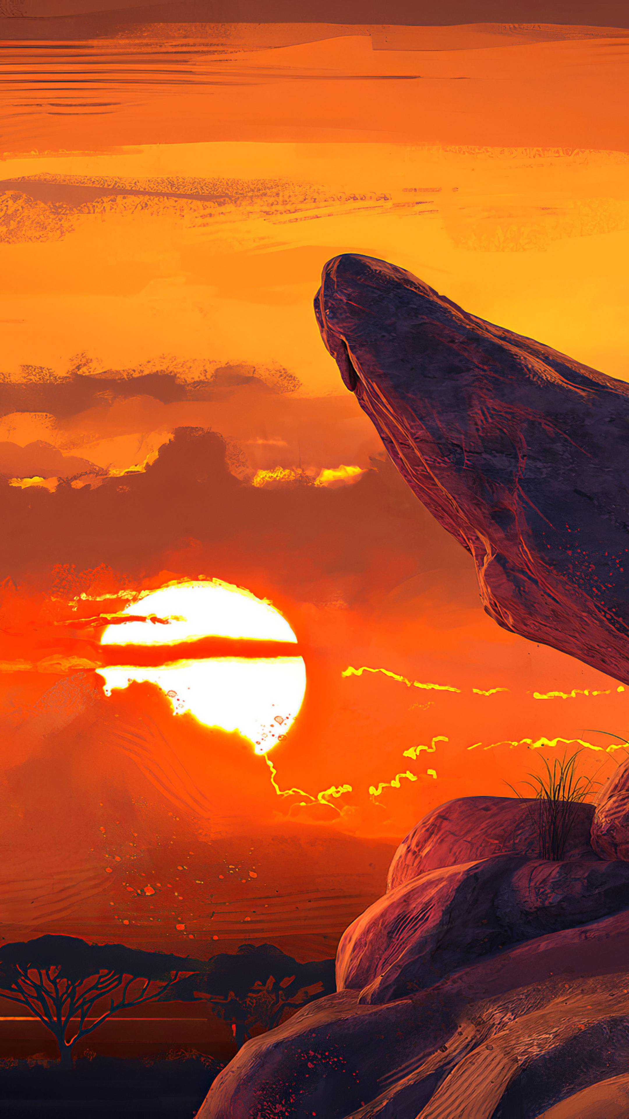 A digital painting of a desert sunset with a large rock in the foreground. - The Lion King