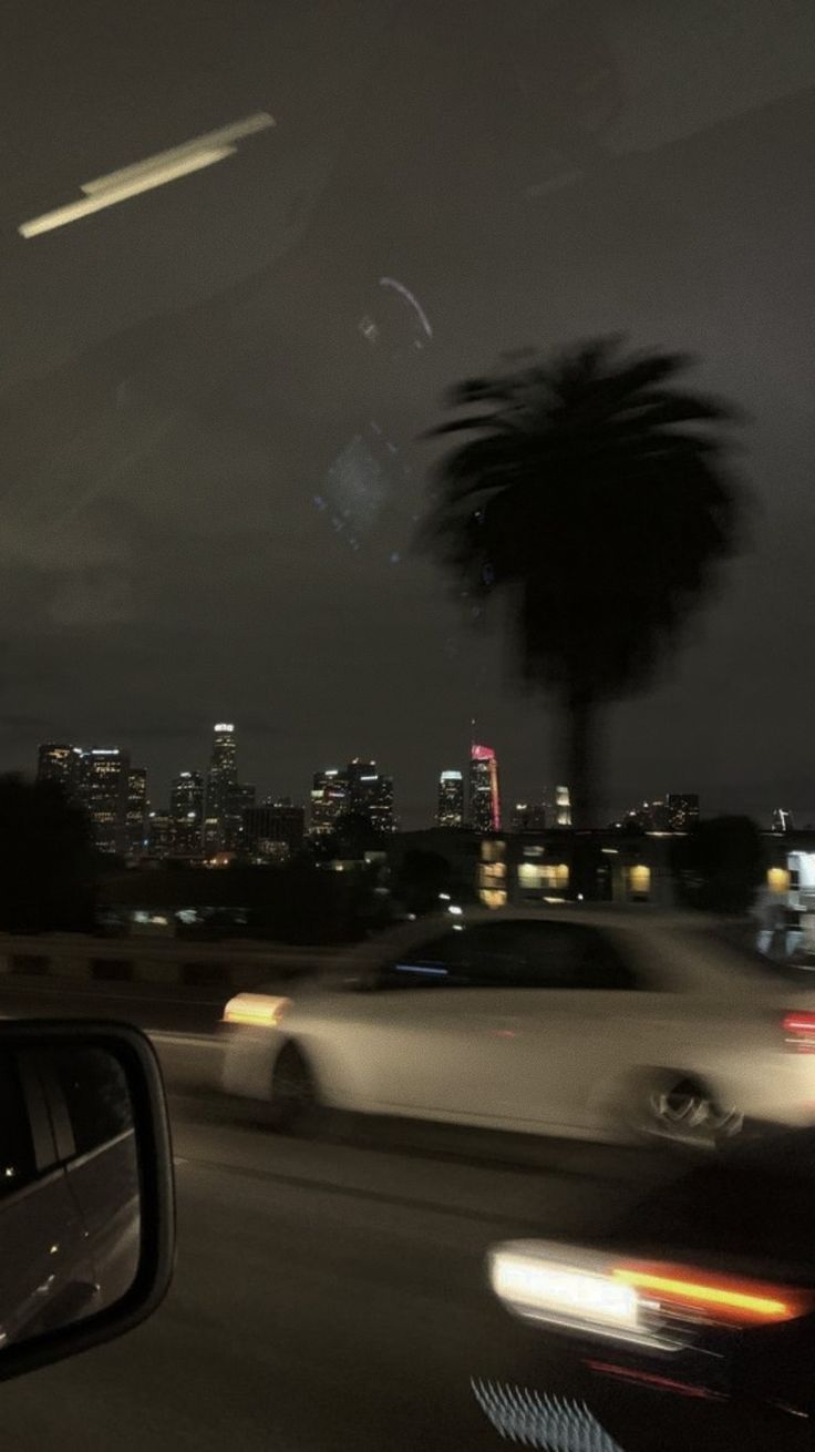 A city skyline with palm trees and cars driving on the road. - Blurry