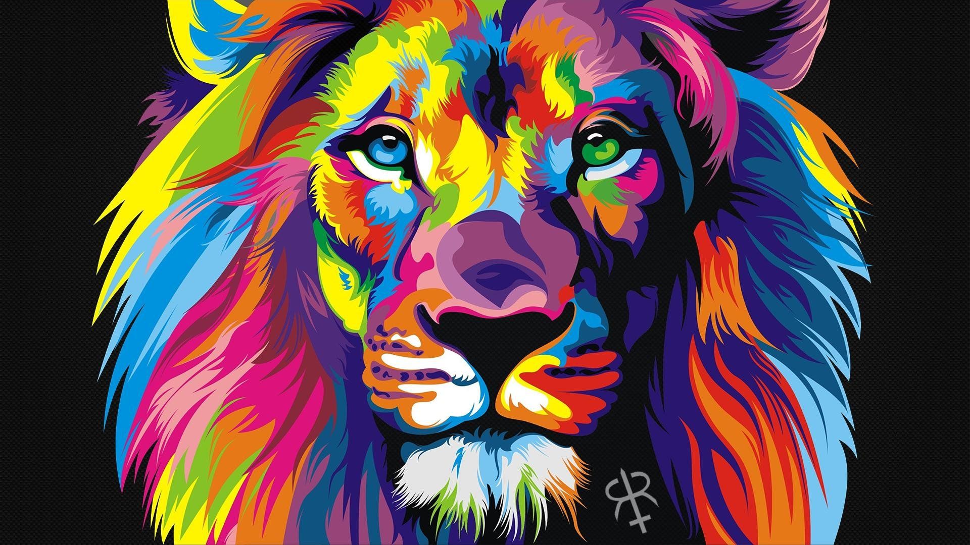 A colorful lion on a black background - Lion
