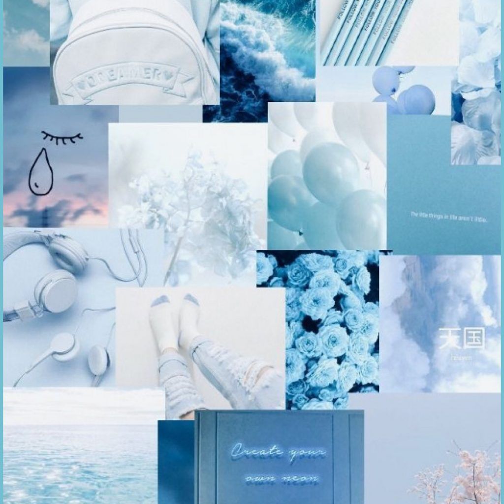 A collage of blue and white images - Neon blue