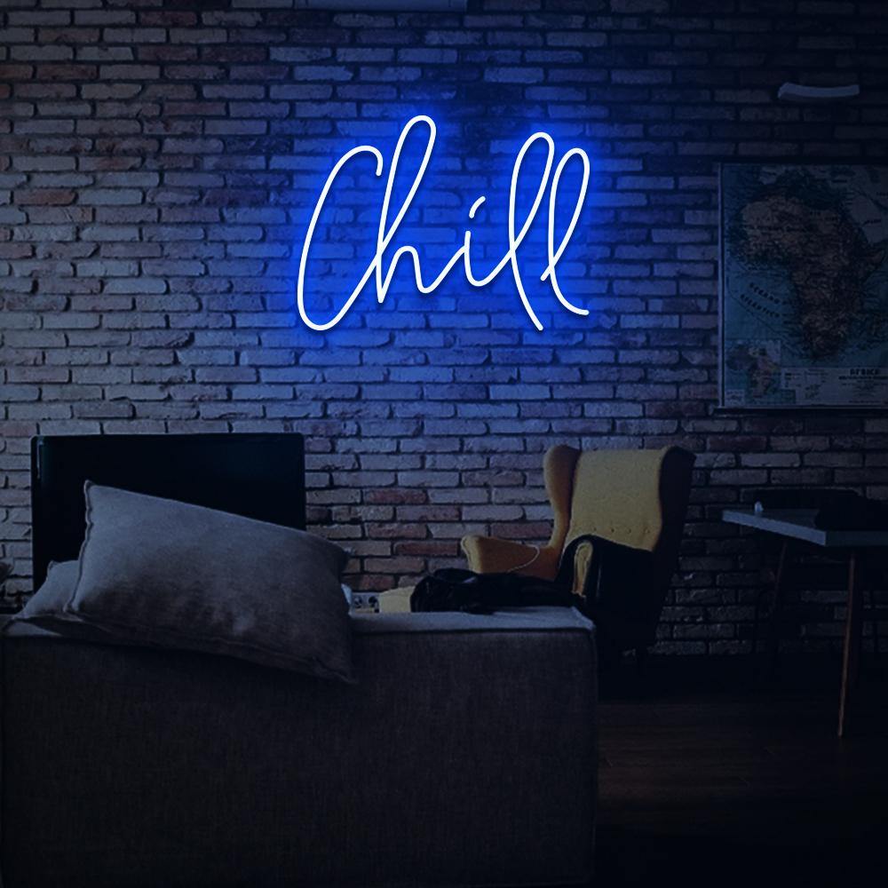 A neon sign that says chill - Neon blue