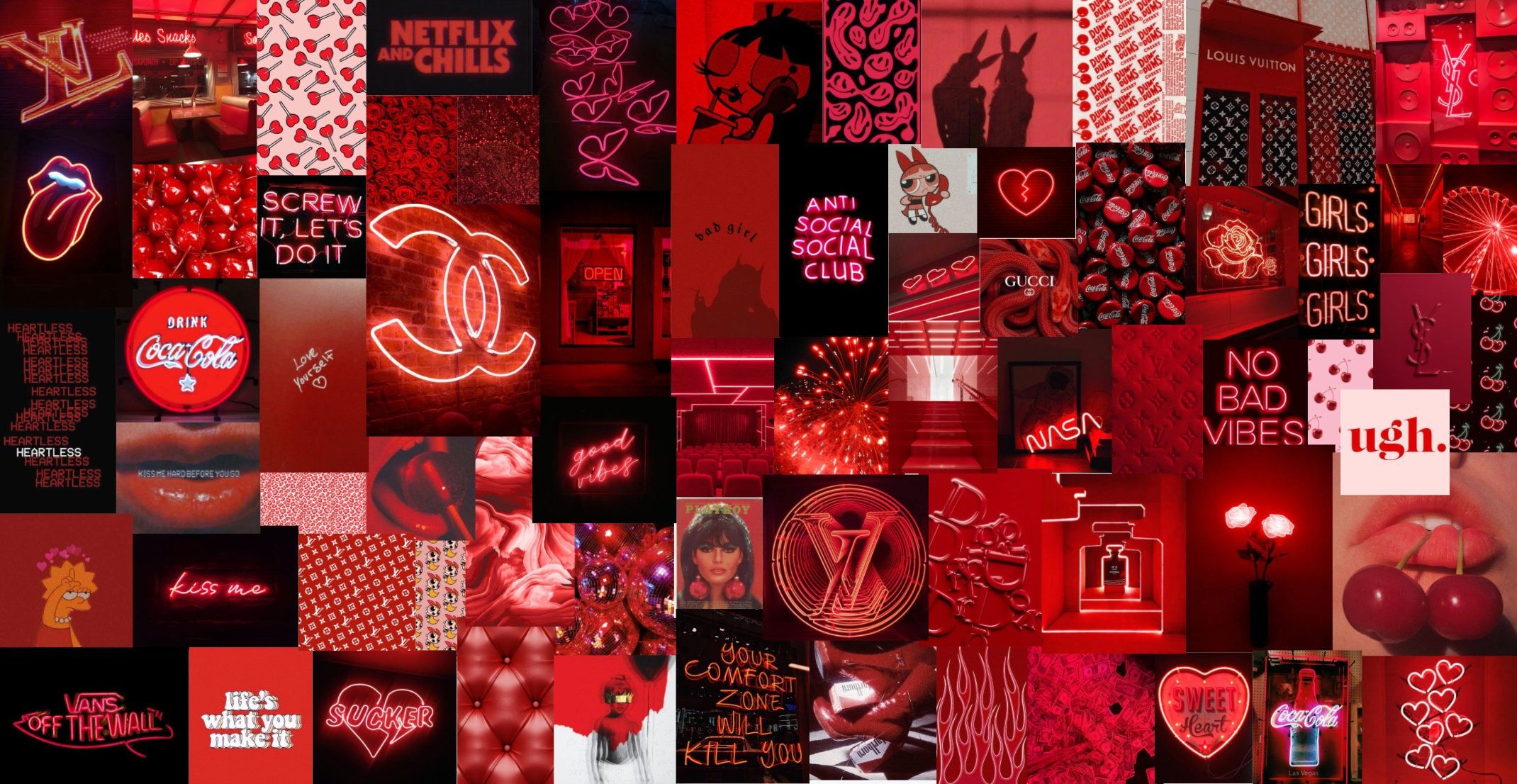 A red aesthetic collage with a variety of red images such as hearts, neon signs, and quotes. - Chromebook, red, neon red