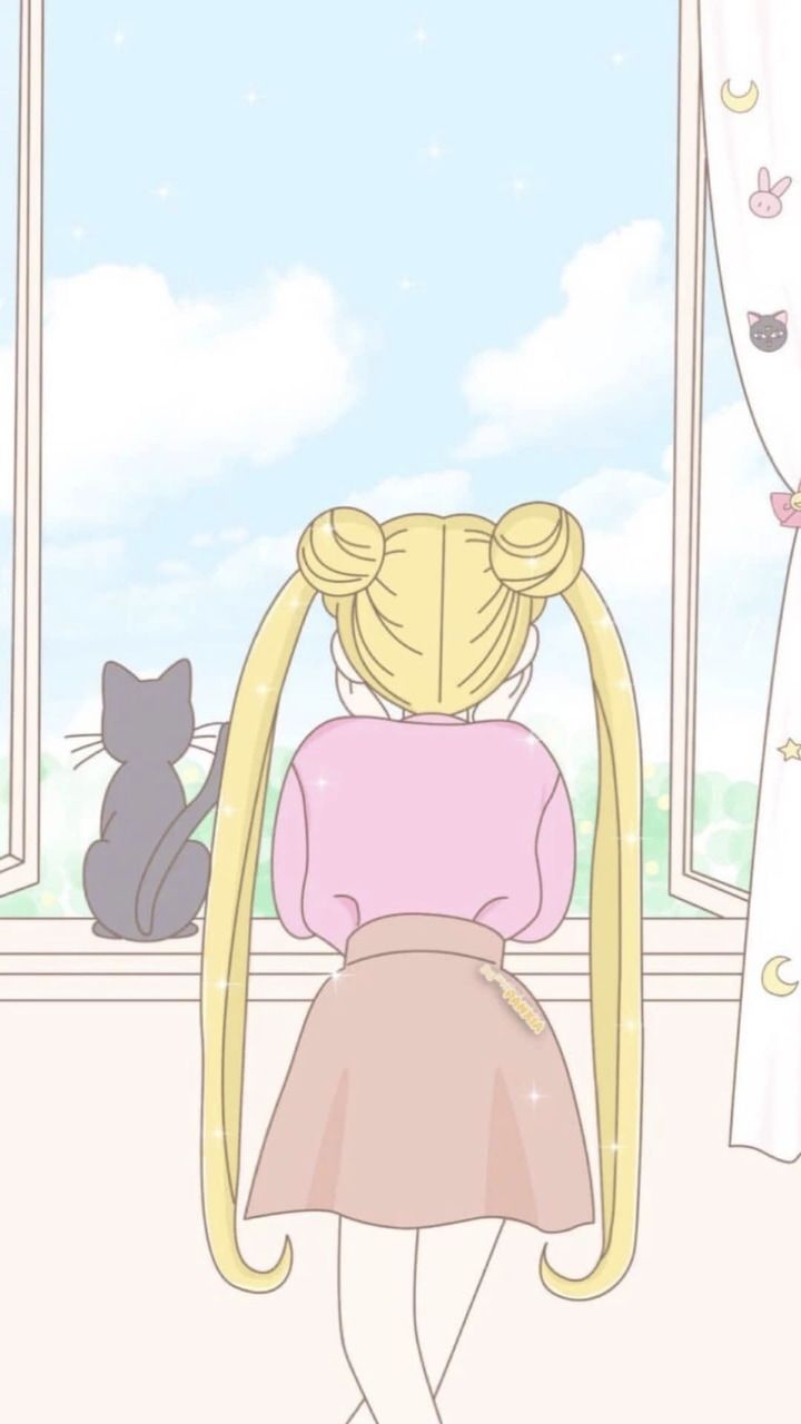 Aesthetic anime wallpaper phone background sailor moon cat looking out the window - Sailor Moon