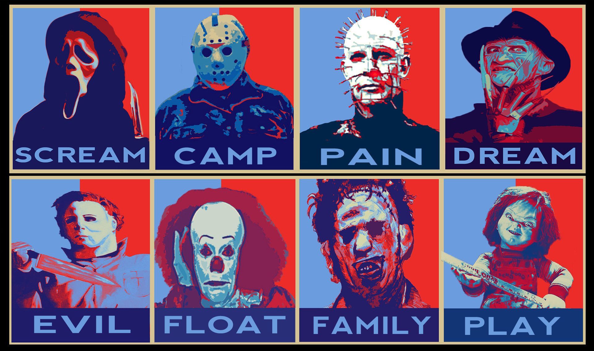 A red and blue graphic with the words Scream Camp Pain Dream and images of horror movie characters - Horror