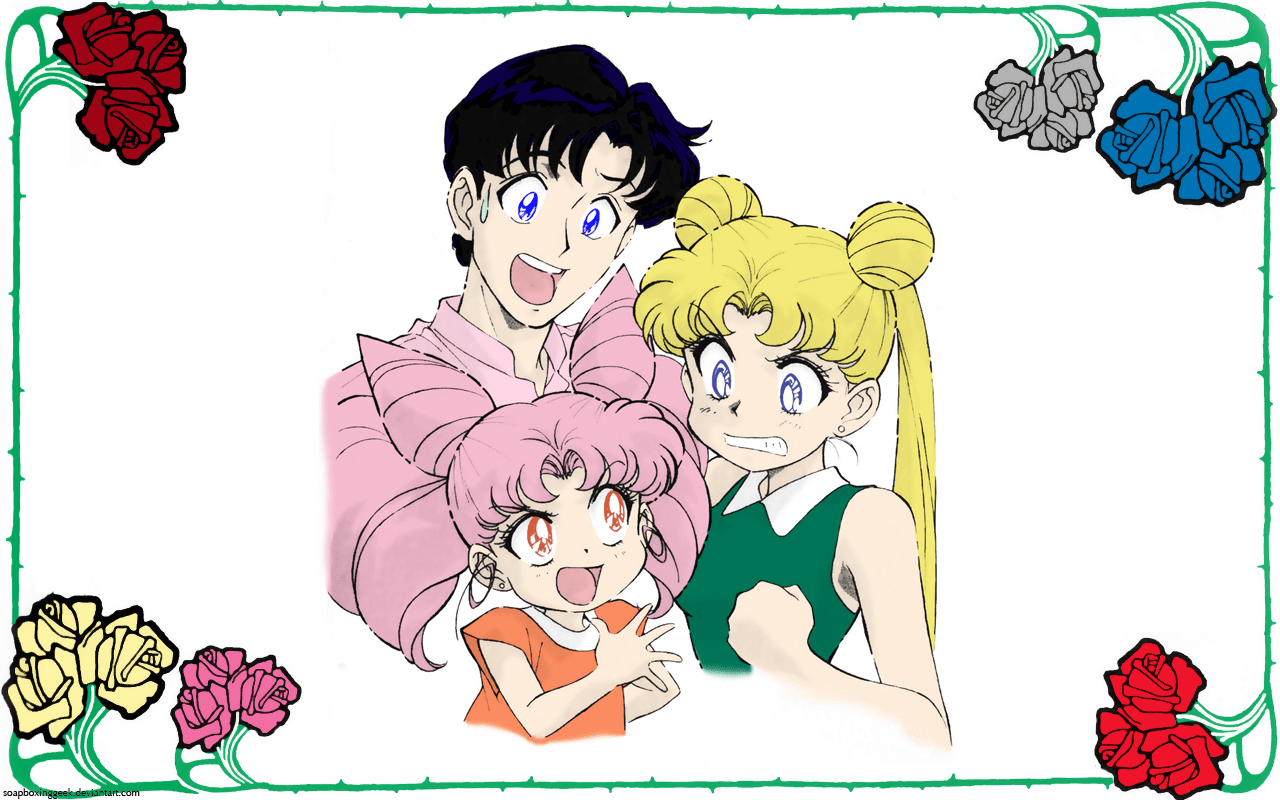 Usagi, Chibiusa, and Tuxedo Mask smile at the camera - Sailor Moon