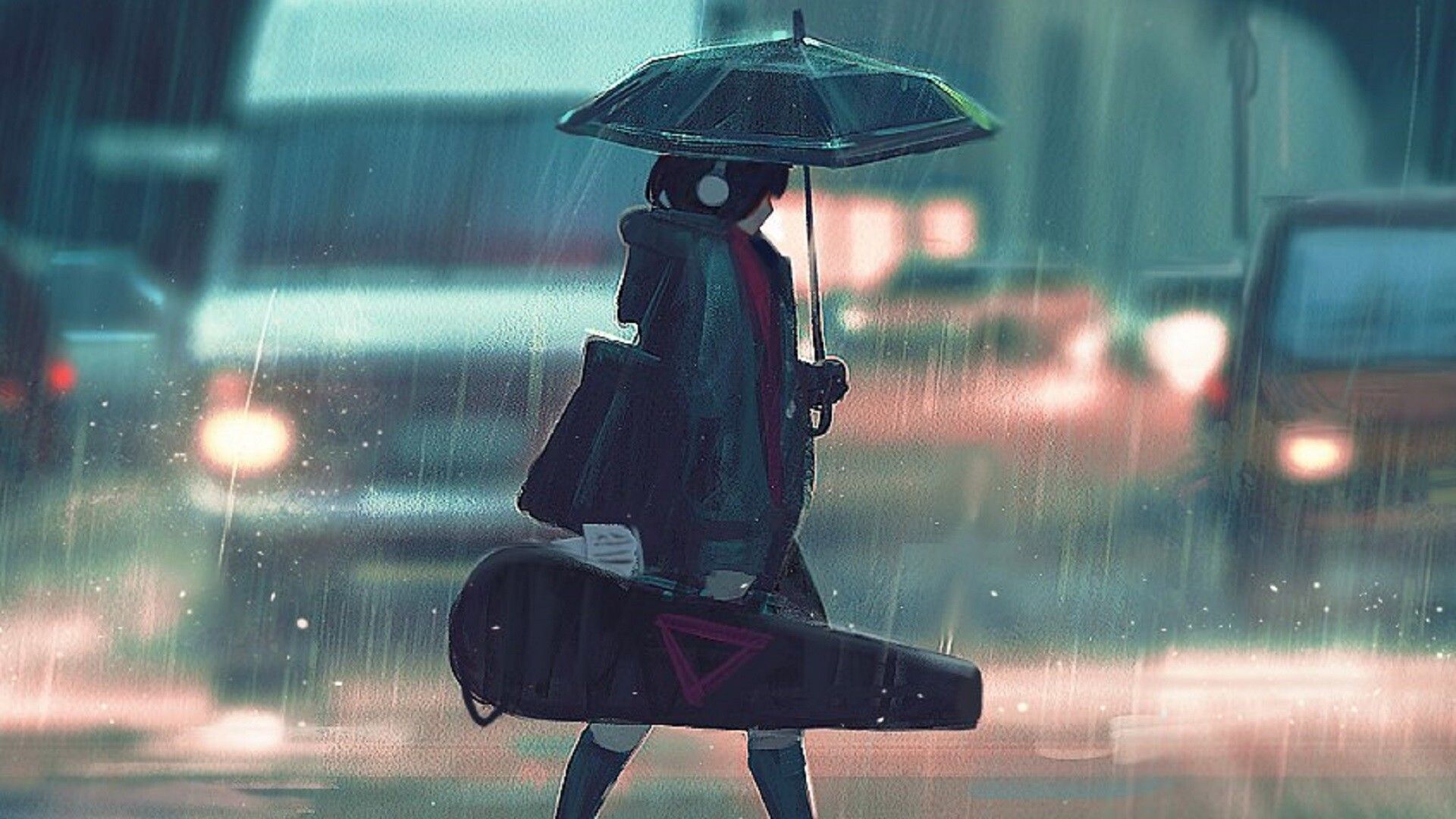 A person holding an umbrella and carrying something - Lo fi