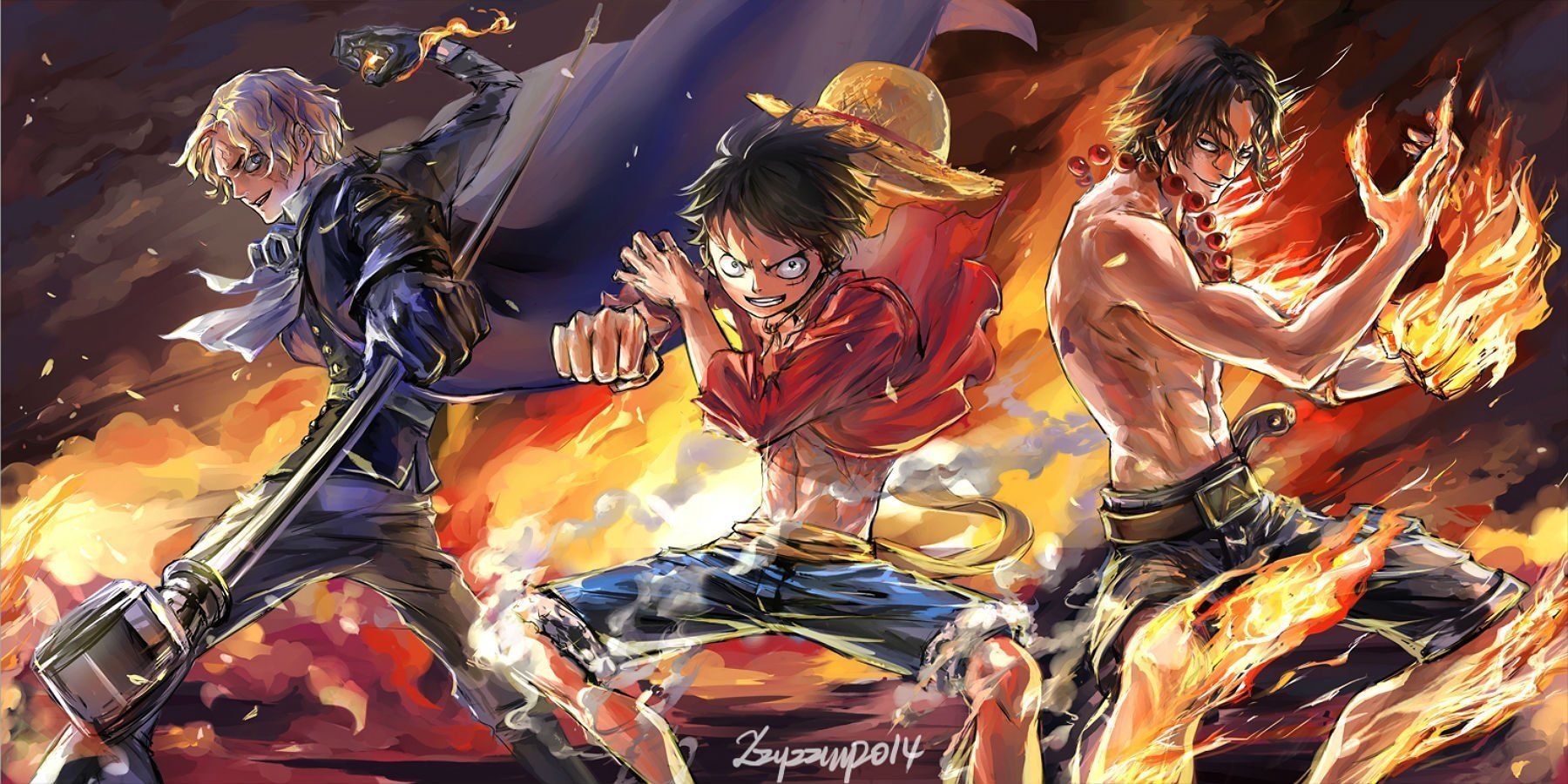 Luffy, Ace, and Sabo are ready to fight in this One Piece wallpaper. - One Piece