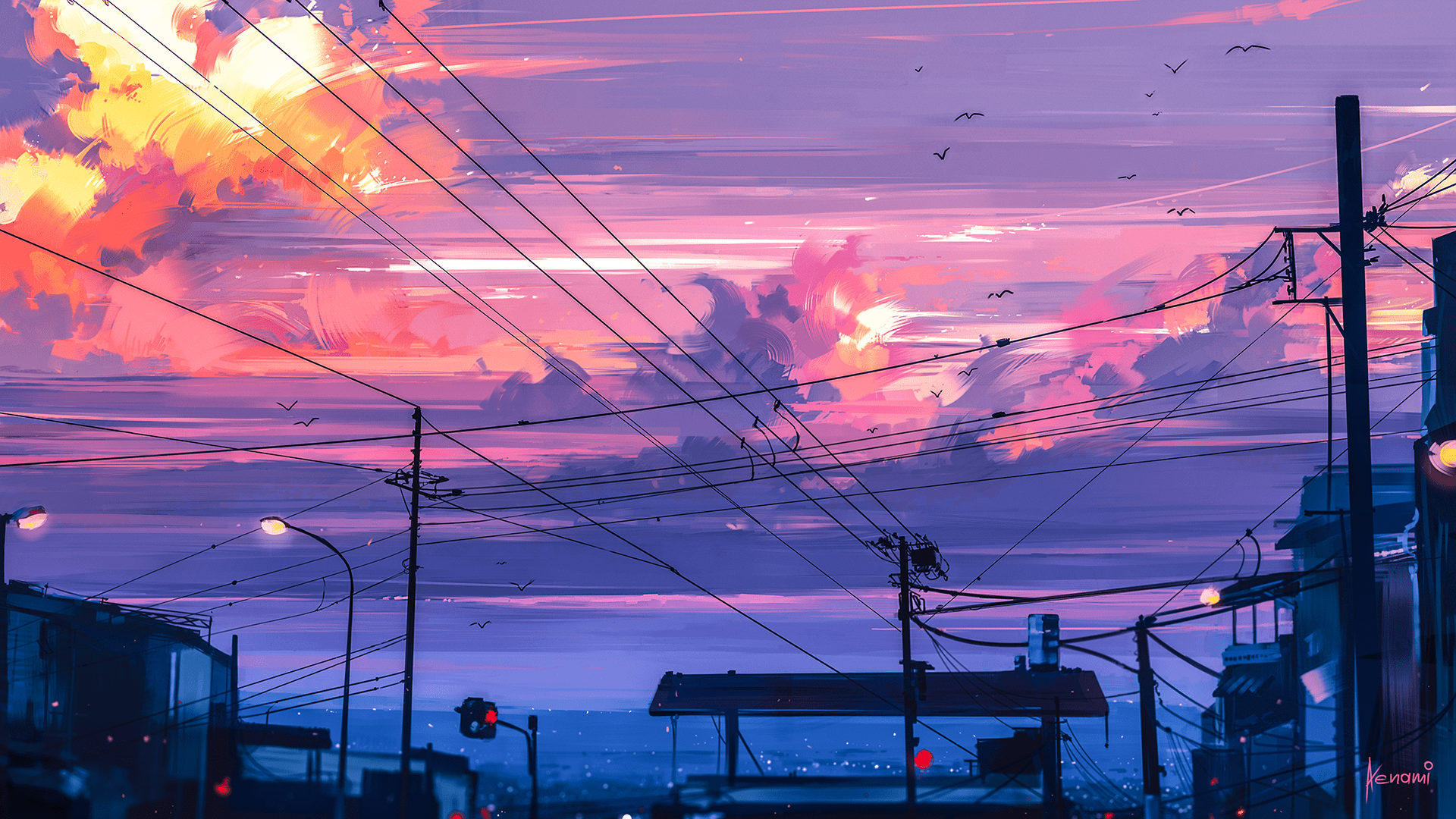 A city street with buildings and power lines - 1920x1080, desktop, anime, anime sunset, cool, anime city