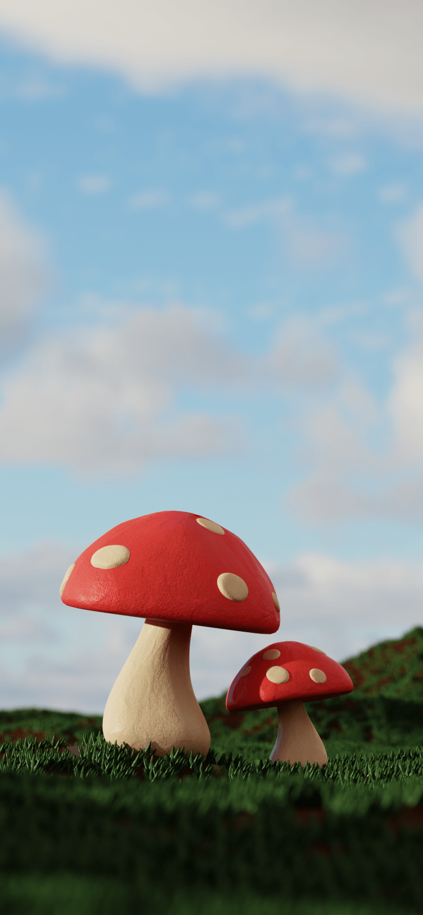 A 3D rendered image of two mushrooms in a field - Mushroom