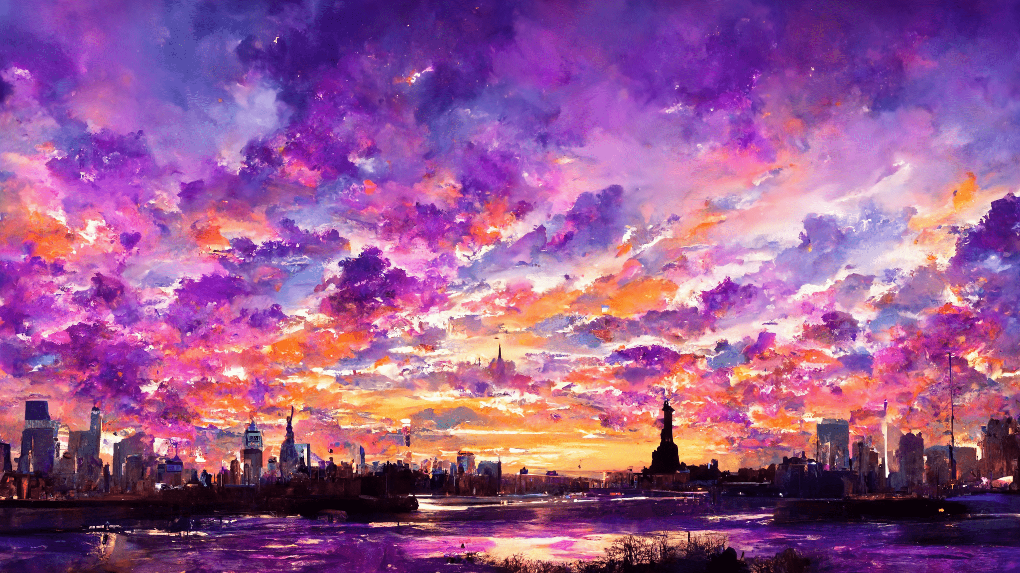 Sunset New York City Clouds Sky Wallpaper:2048x1152