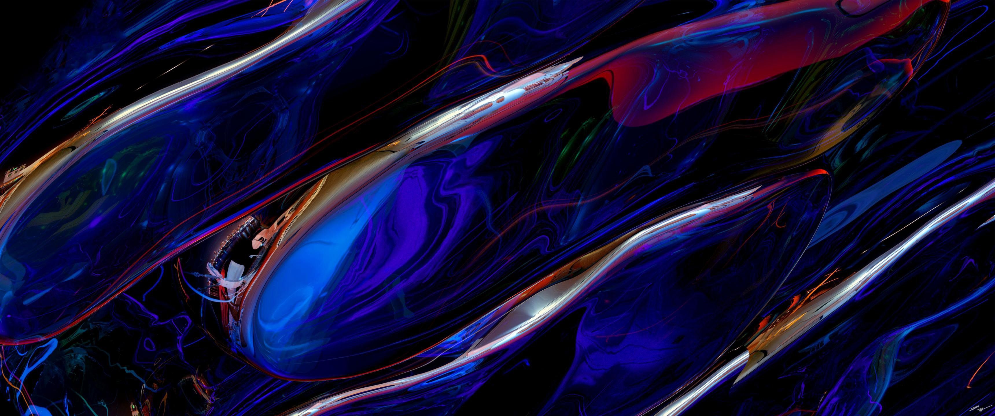 A blue and red fractal abstract piece with flowing lines. - 3440x1440