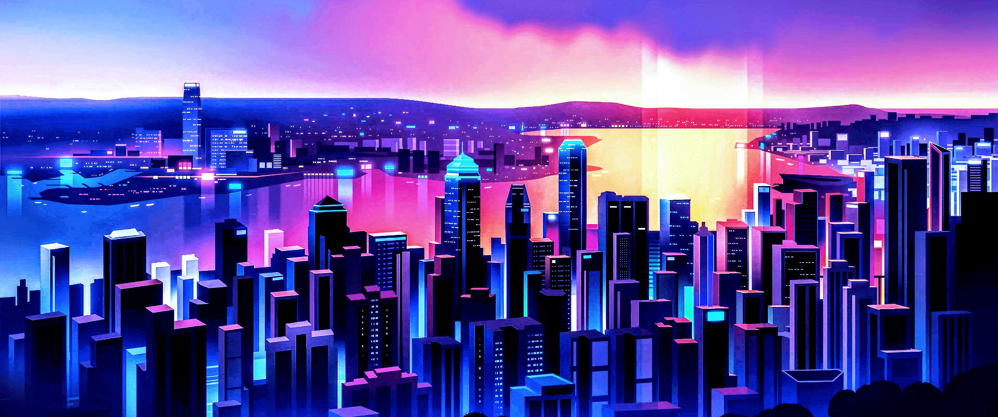 A city at night with colorful buildings and water - 3440x1440