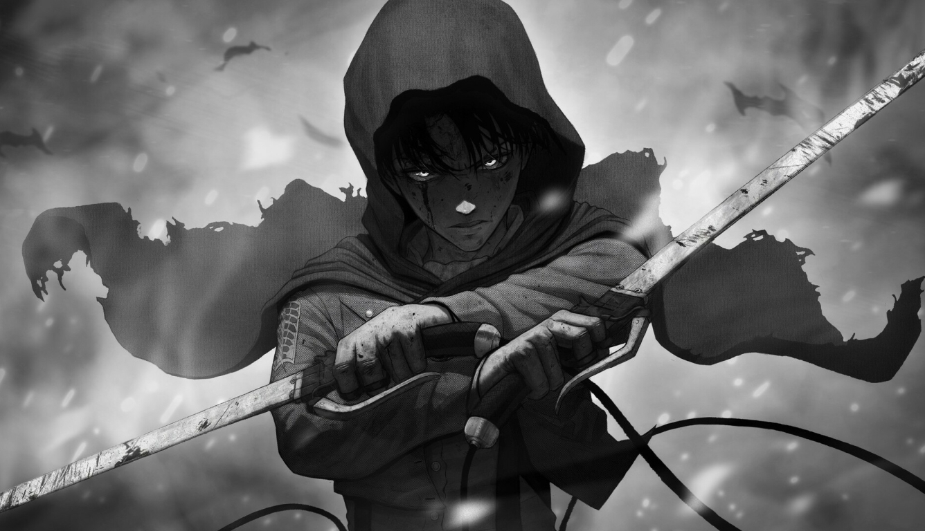 Levi Ackerman, Attack on Titan, 4K, anime, 2019, black and white, no people, indoors, close-up, one person, young men, males, men, looking at camera, standing, serious, hood, cap, hat, bow tie, coat, gloves, sword, weapon, bowie knife - Attack On Titan