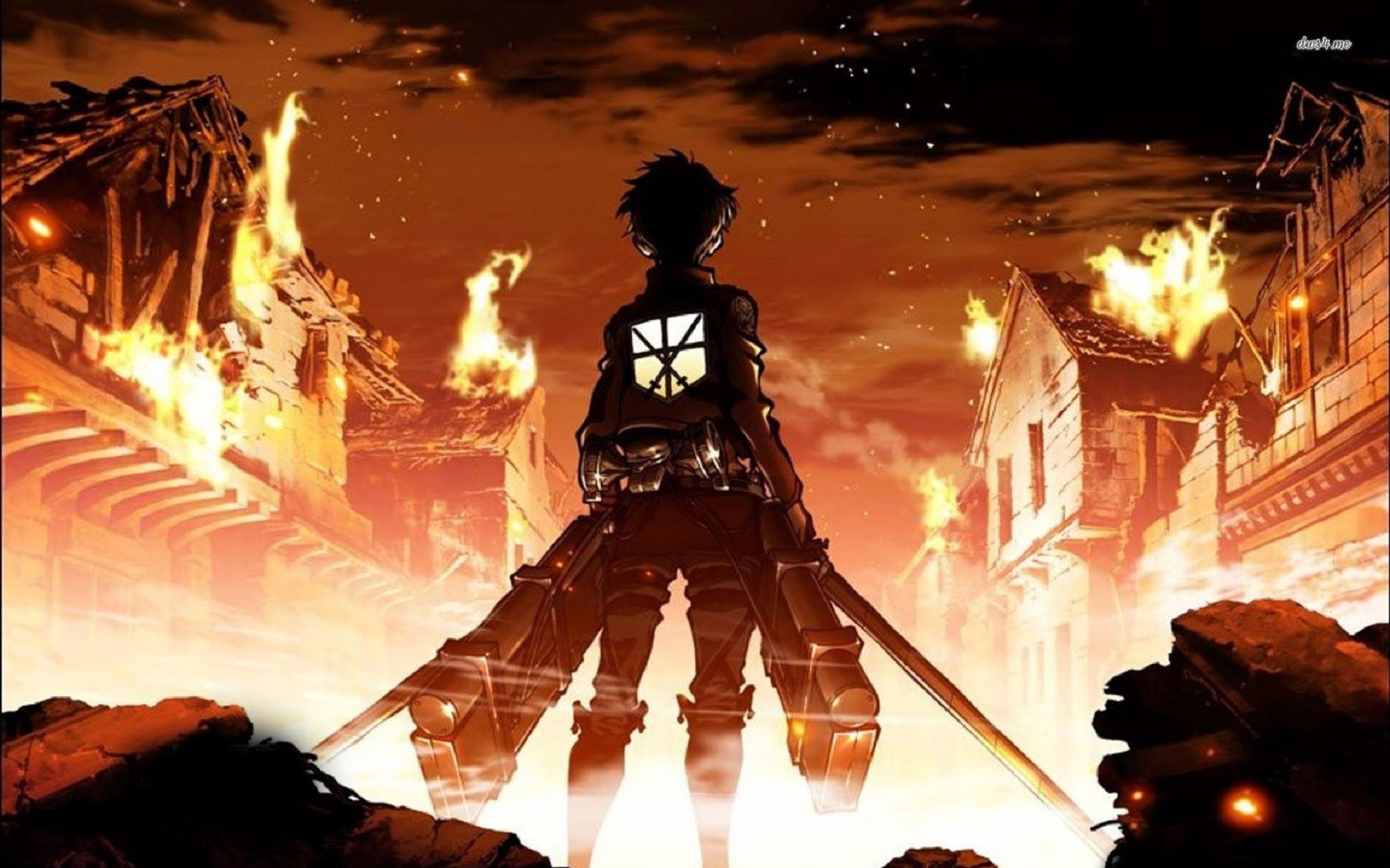 A person standing in front of an explosion with two swords - Attack On Titan