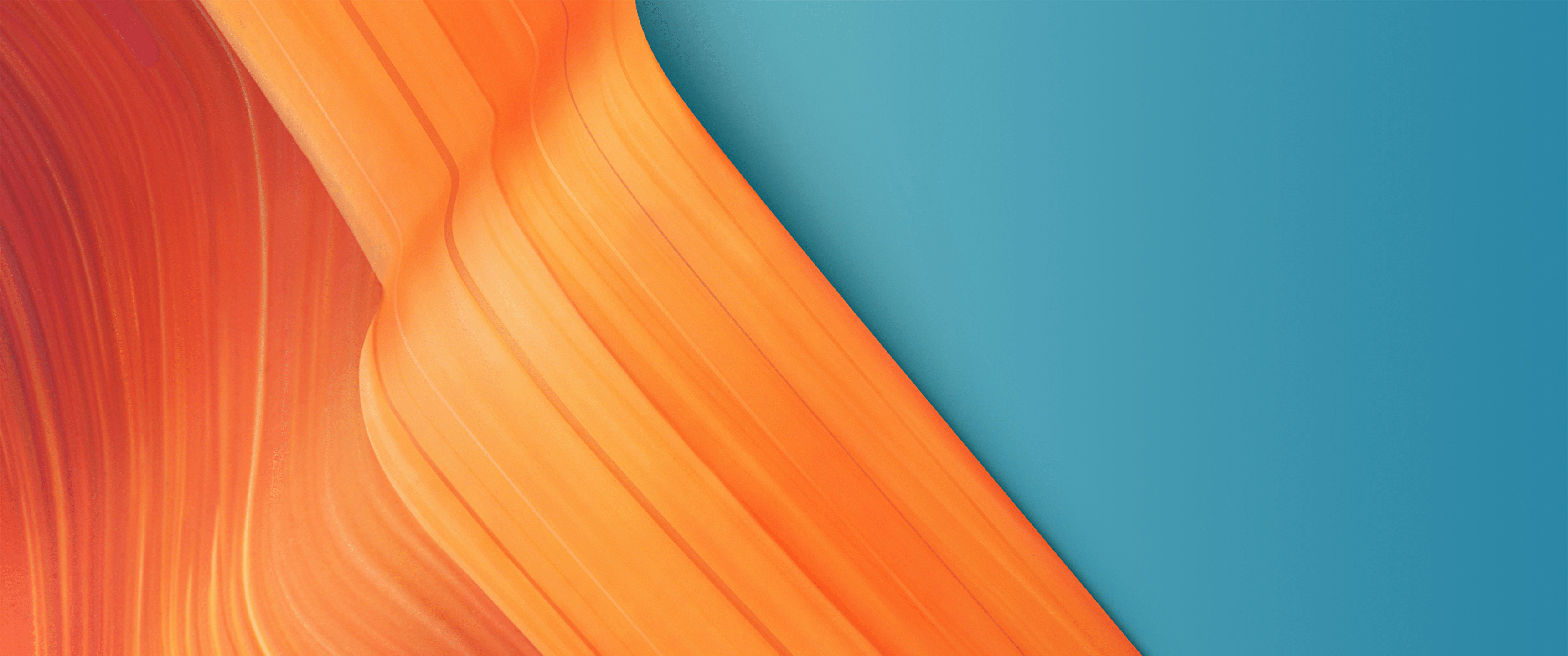 A colorful abstract wallpaper, with an orange wave on a blue background. - 3440x1440