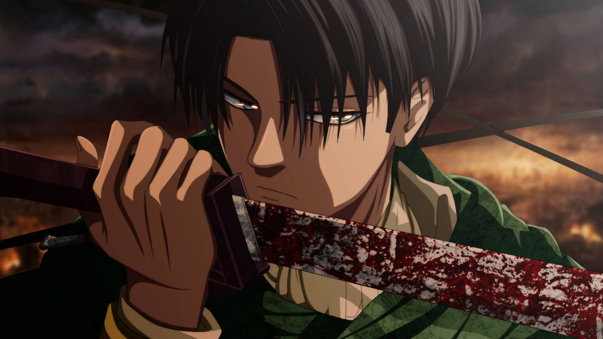 Levi Ackerman holding a bloodied sword in front of his face - Attack On Titan