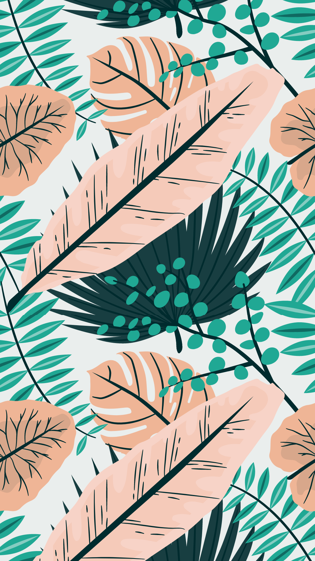 A pattern of leaves and flowers in pink, green - Phone, summer, cool, teal