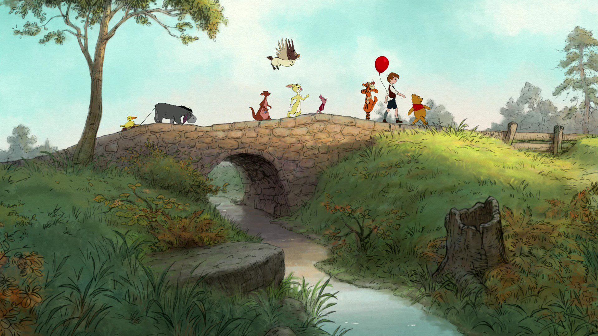 A painting of people walking over the bridge - Winnie the Pooh