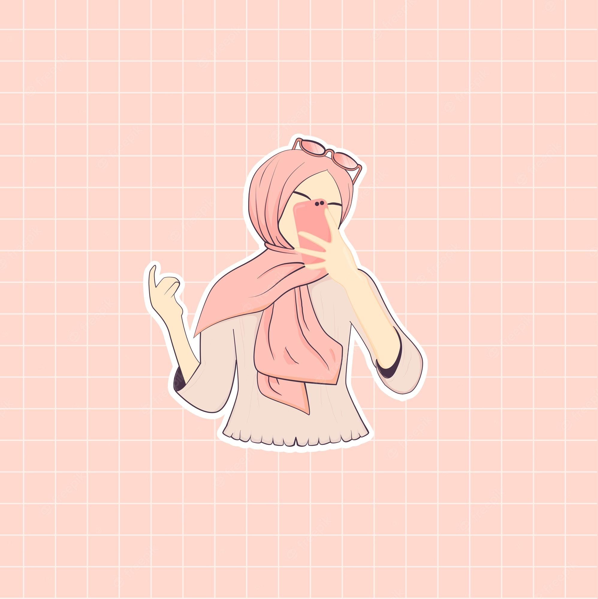 Young muslim woman wearing hijab taking selfie aesthetic profile pink background