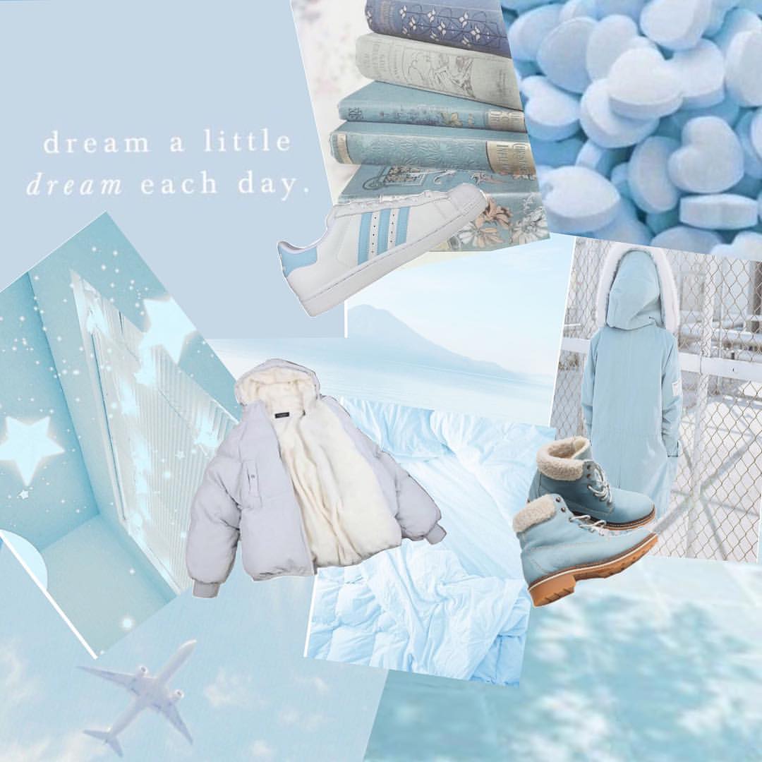 A collage of pastel blue and white aesthetic images including books, shoes, and a jacket. - Profile picture