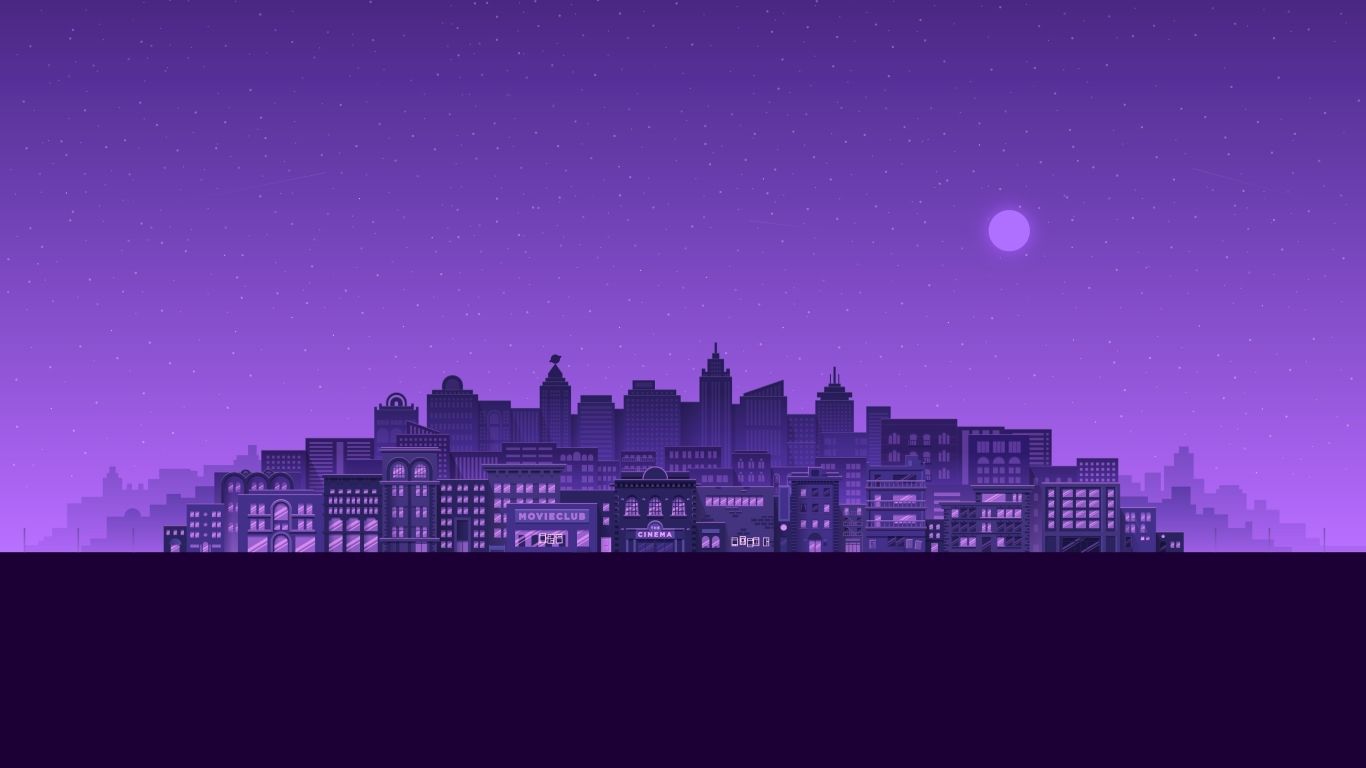 A city skyline at night with purple lighting - 1366x768