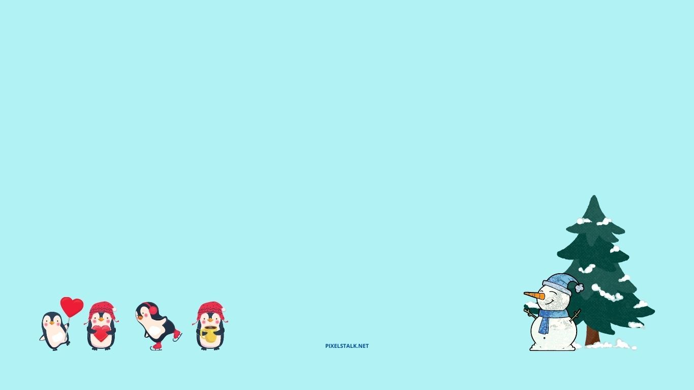 A cute wallpaper with penguins and a snowman - 1366x768