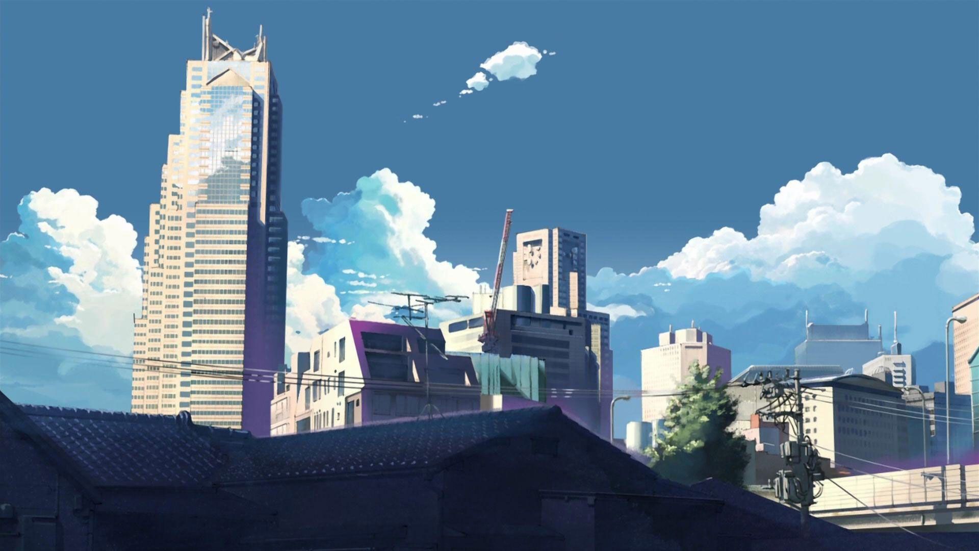 A city with tall buildings and clouds - Retro, desktop, cityscape, 1920x1080, 90s anime, anime, blue anime, anime city