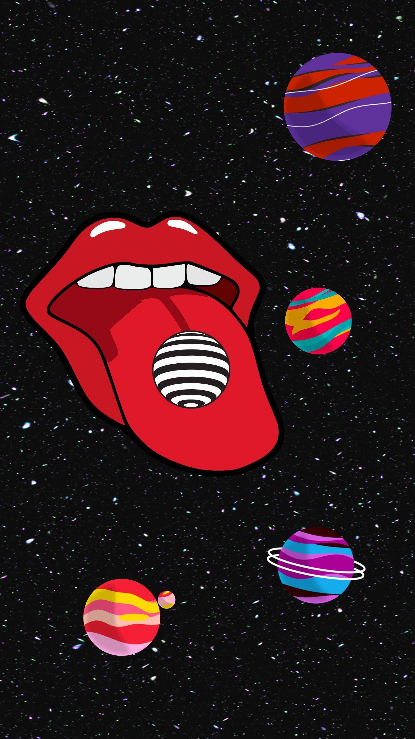 Aesthetic phone wallpaper of a tongue licking its lips against a black background with colorful planets - Retro, alien, science, trippy, lips