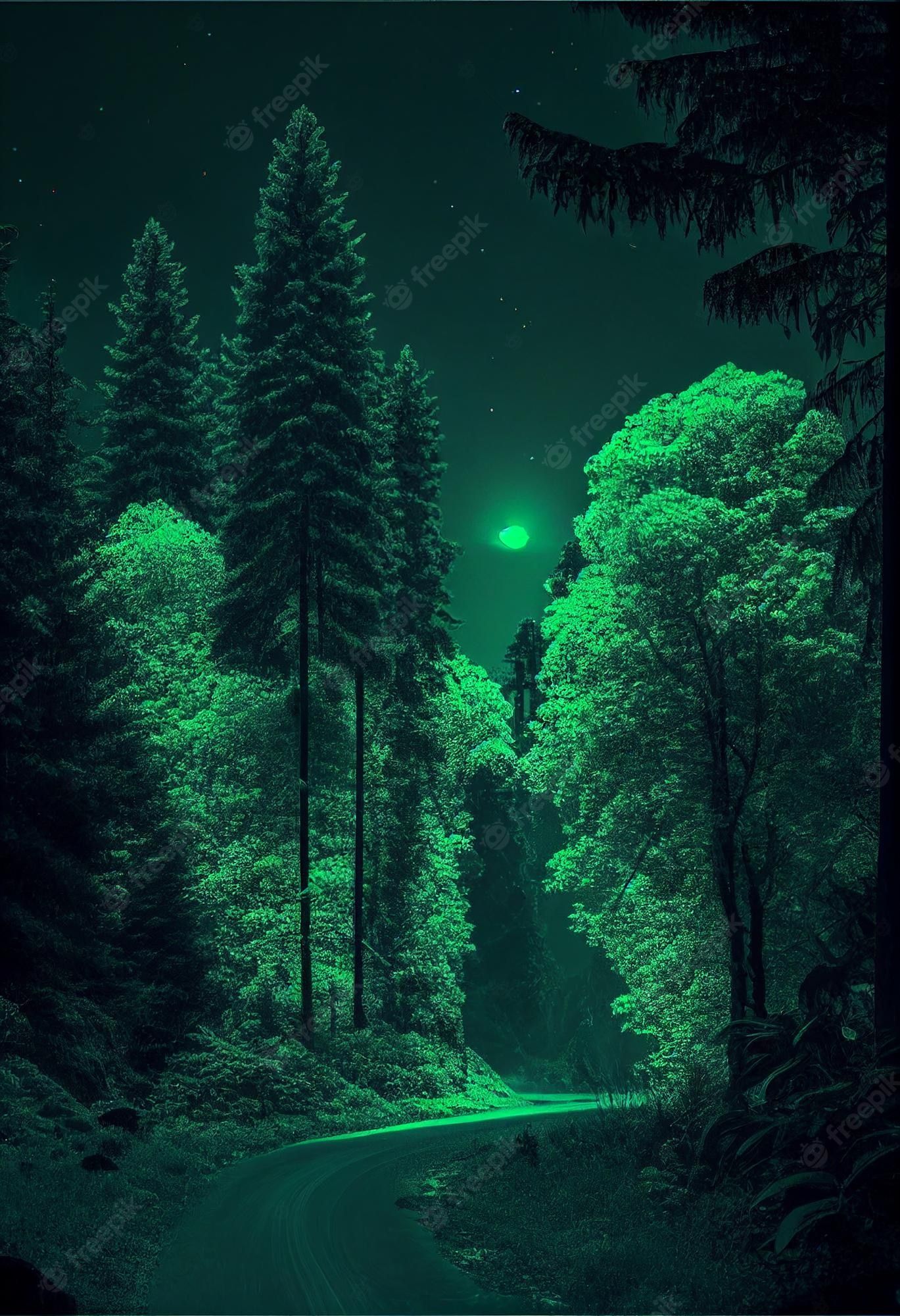 A forest at night with a full moon - Green, landscape, forest