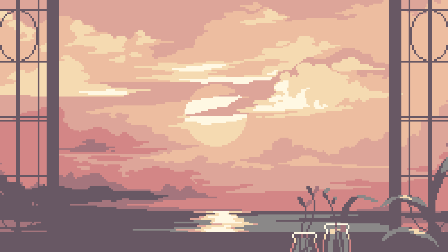 A sunset scene with two glasses on the windowsill - Desktop, calming, pixel art