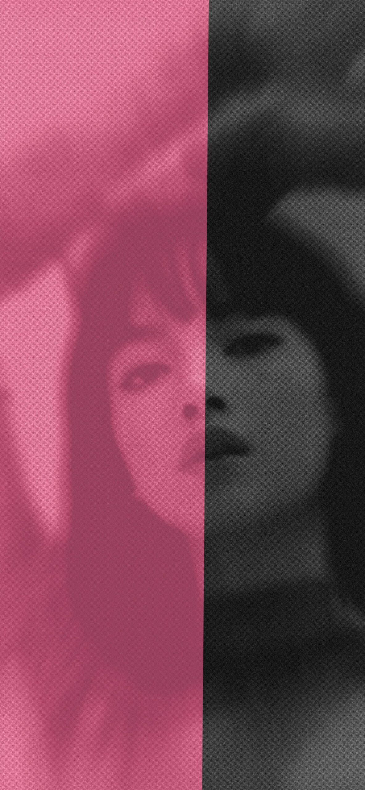 A woman's face is split in half, with one half in black and white and the other half in pink. - BLACKPINK