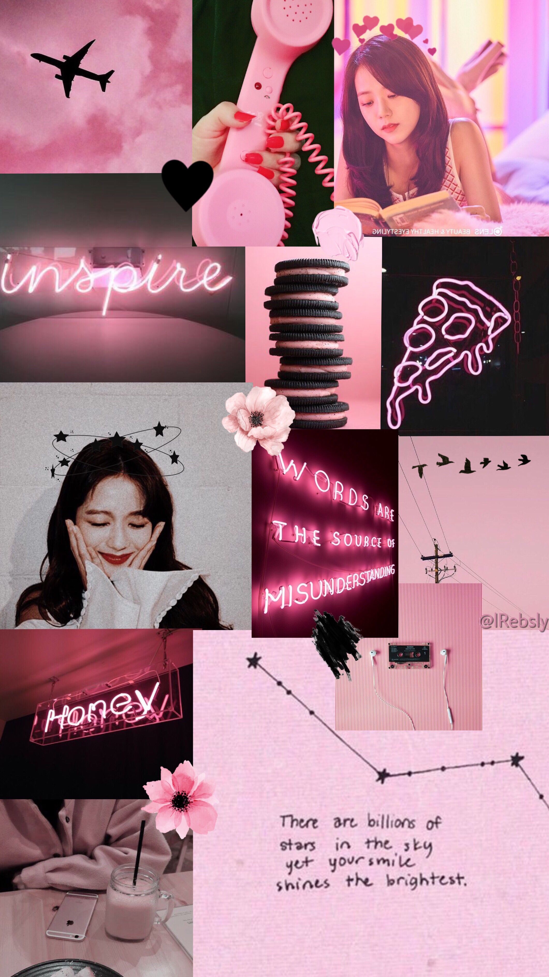 A collage of pictures with pink and purple - BLACKPINK