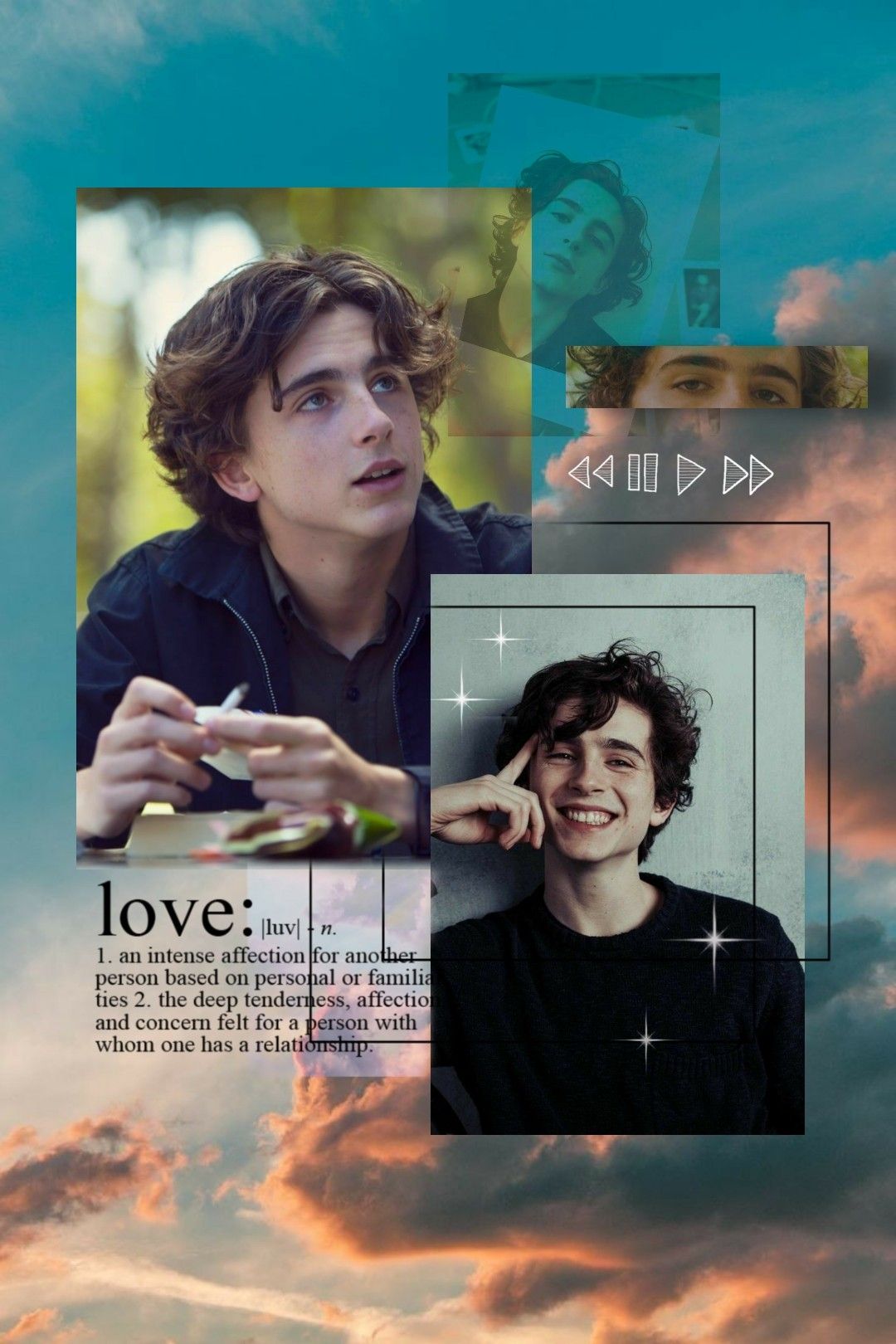 A collage of pictures with the word love - Timothee Chalamet