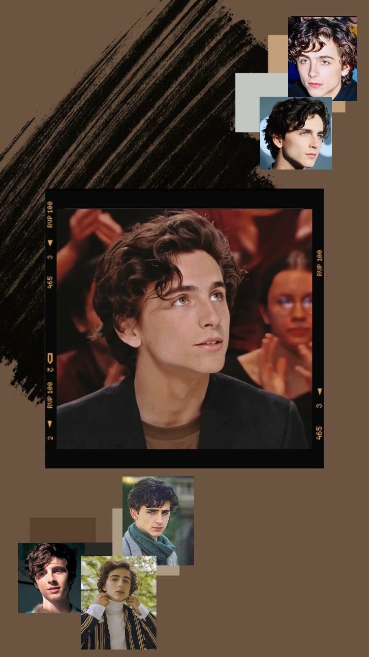 A collage of Timothee Chalamet with a brown background - Timothee Chalamet