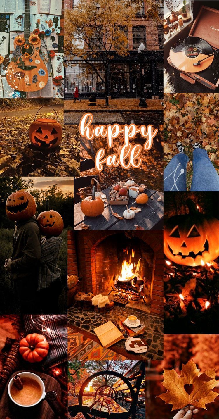 A collage of images of pumpkins, leaves, a fireplace, and a cup of coffee. - Fall, happy, cozy